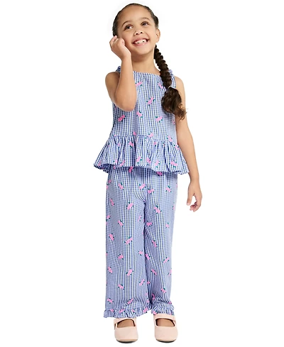 Kids Headquarters Girls' 2T-6X Floral Plaid Ruffle-Trim Top and Pants, 2-Piece Set