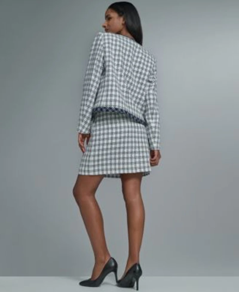 Karl Lagerfeld Paris Womens Open Front Checkered Jacket Crew Neck Knit Top Knee Length A Line Skirt