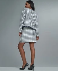 Karl Lagerfeld Paris Womens Open Front Checkered Jacket Crew Neck Knit Top Knee Length A Line Skirt