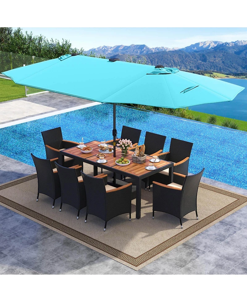 Gymax 11 Pcs Patio Dining Set w/ 15ft Double-Sided Patio Umbrella (Base Included)