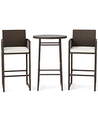 Gymax 3 Piece Wicker Patio Bar Set w/ 2 Seat Cushions Glass Tabletop for Backyard