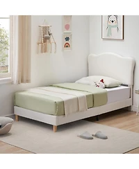 gaomon Upholstered Twin Size Bed Frame for Kids with Scallop Headboard, Cute Velvet Twin Bed for Girls, Boys, Sturdy Platform Bed, Noise Free, Beige
