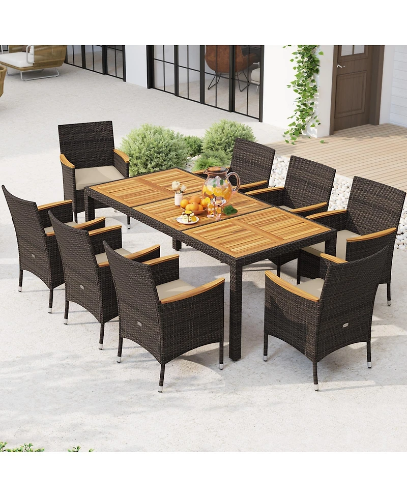 Gymax 9 Pieces Patio Pe Wicker Dining Set Outdoor Acacia Wood Table and Chairs