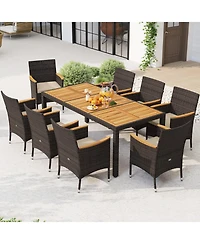 Gymax 9 Pieces Patio Pe Wicker Dining Set Outdoor Acacia Wood Table and Chairs