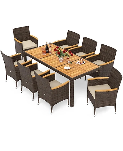 Gymax 9 Pieces Patio Pe Wicker Dining Set Outdoor Acacia Wood Table & Chairs