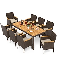 Gymax 9 Pieces Patio Pe Wicker Dining Set Outdoor Acacia Wood Table and Chairs