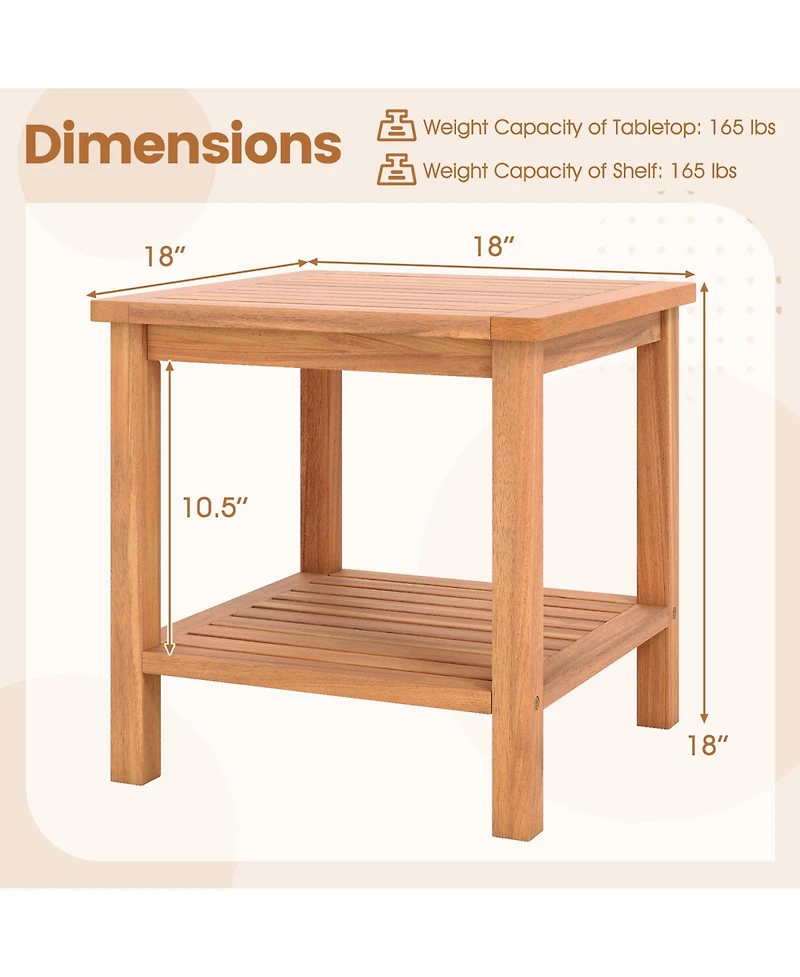 Gymax 2PCS 2-Tier Patio Acacia Wood Side Table w/ Slatted Tabletop Storage Shelf