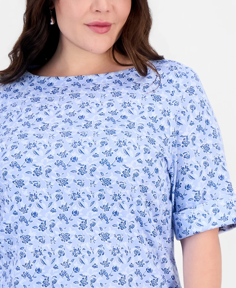 Style & Co Plus Printed Boat-Neck Elbow-Sleeve Top, Exclusively at Macy's