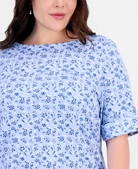 Style & Co Plus Printed Boat-Neck Elbow-Sleeve Top, Exclusively at Macy's