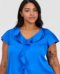 Tahari Asl Plus Ruffled Flutter-Sleeve Top