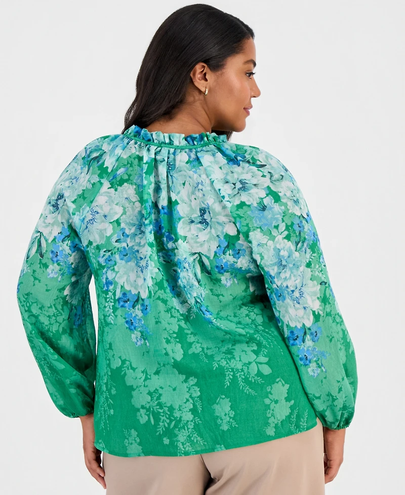 Tahari Asl Plus Long-Sleeve Floral Bow Blouse