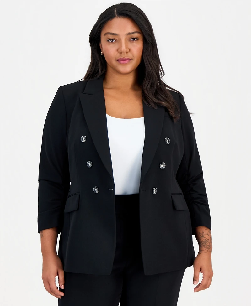 Tahari Asl Plus Ruched-Sleeve Asymmetrical Blazer