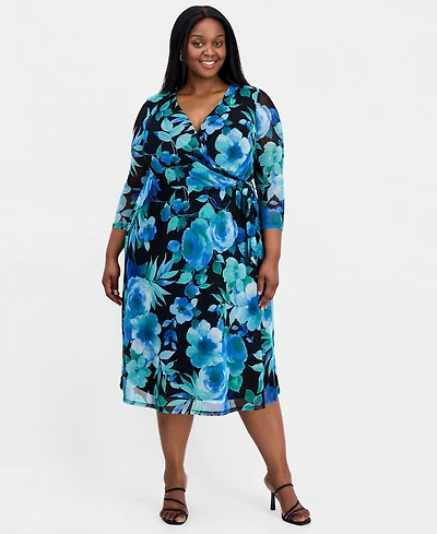 Connected Plus Printed Faux-Wrap Midi Dress