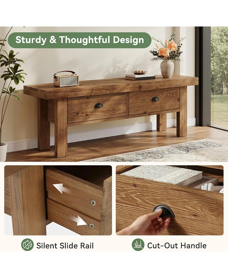 Tribesigns Solid Wood Entryway Bench with 2 Drawers, 55" Farmhouse Long Bench End of Bed Stool with Open Storage Shelves