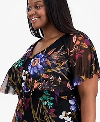 Connected Plus Printed Cape-Overlay Midi Mesh Dress