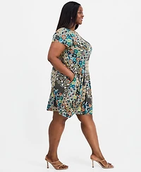 Connected Plus Printed Round-Neck Short-Sleeve Dress