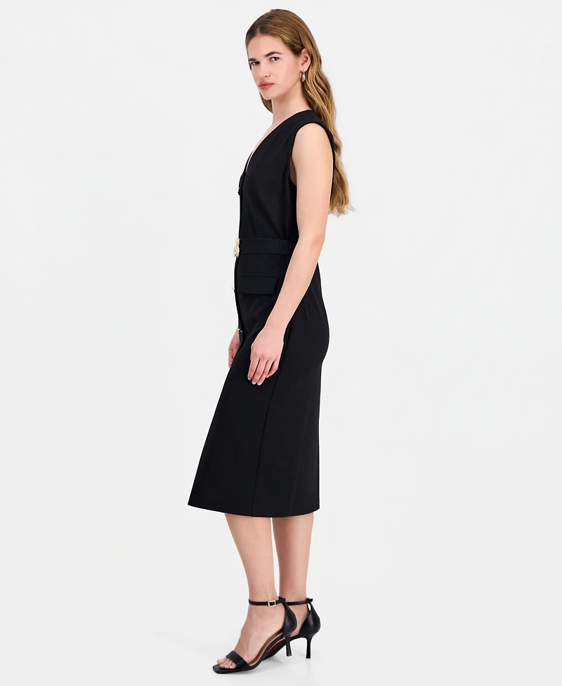 Connected Women's V-Neck Sleeveless Belted Sheath Dress