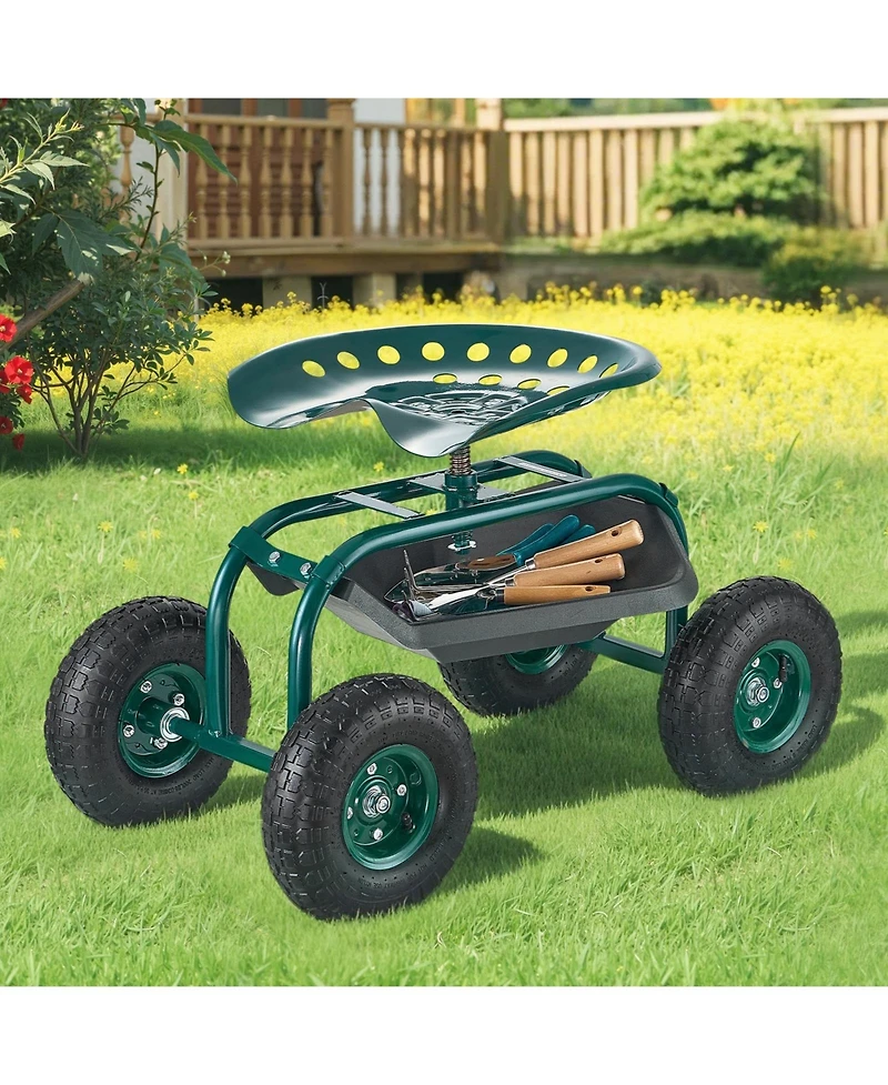 Sugift Rolling Garden Scooter with Swivel Seat & Multi-compartment Tool Storage