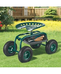 Sugift Rolling Garden Scooter with Swivel Seat & Multi-compartment Tool Storage