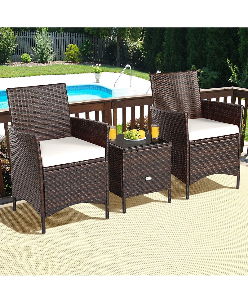Gymax 3PCS Outdoor Rattan Conversation Set Patio Furniture Set w/ White Cushions