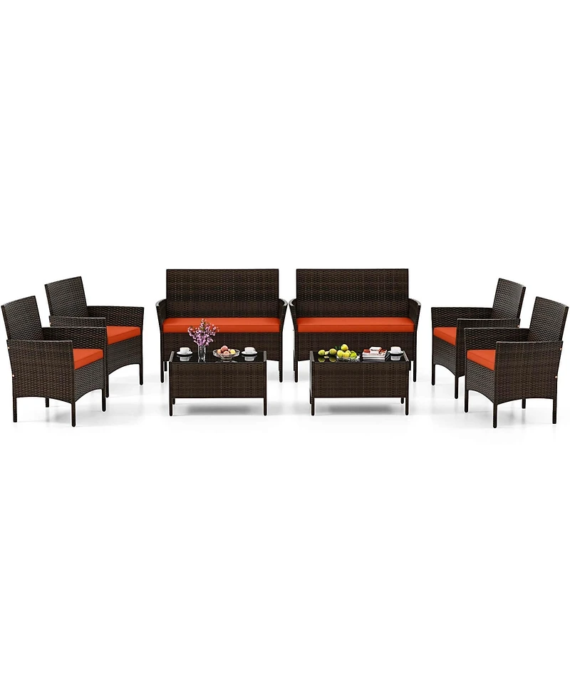 Gymax Set of 8 Furniture Set w/ Washable Cushions and Tempered Glass Coffee Table