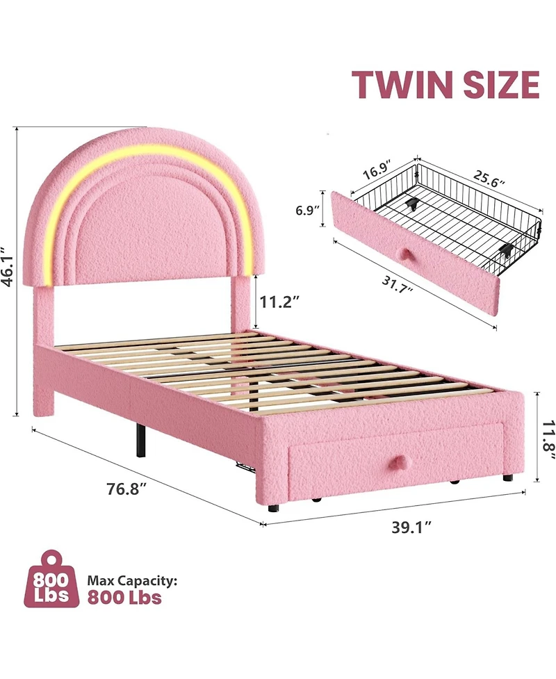 gaomon Twin Upholstered Led Bed Frame - with Storage Drawer and Rainbow Headboard, Berber Fleece Princess Platform for Kids