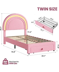 gaomon Twin Upholstered Led Bed Frame - with Storage Drawer and Rainbow Headboard, Berber Fleece Princess Platform for Kids