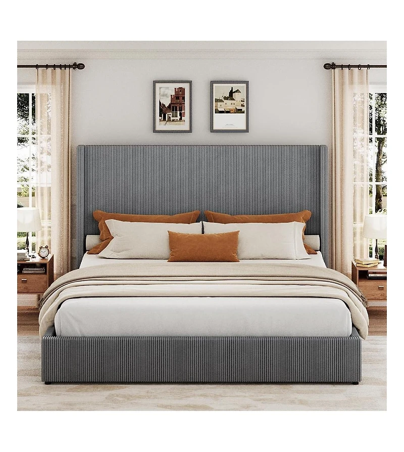 gaomon King Upholstered Platform Bed Storage Drawers Wingback Headboard Corduroy Fabric No Box Spring