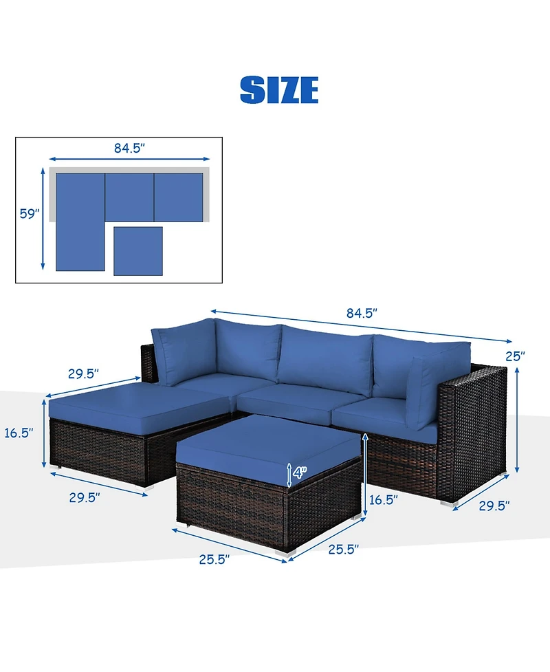 Gymax 5PCS Rattan Patio Conversation Set Outdoor Furniture Set w/ Ottoman Navy Cushion