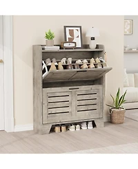 gaomon "Shoe cabinet with 2 flip drawers, freestanding slim organizer with hooks, narrow hidden shoe storage for entryway."