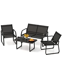 Gymax 4 Pcs Patio Conversation Set w/ Breathable Fabric Seat Tempered Glass Tabletop