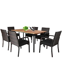 Gymax 7PCS Patio Dining Furniture Set Yard w/ Wooden Tabletop Cushions