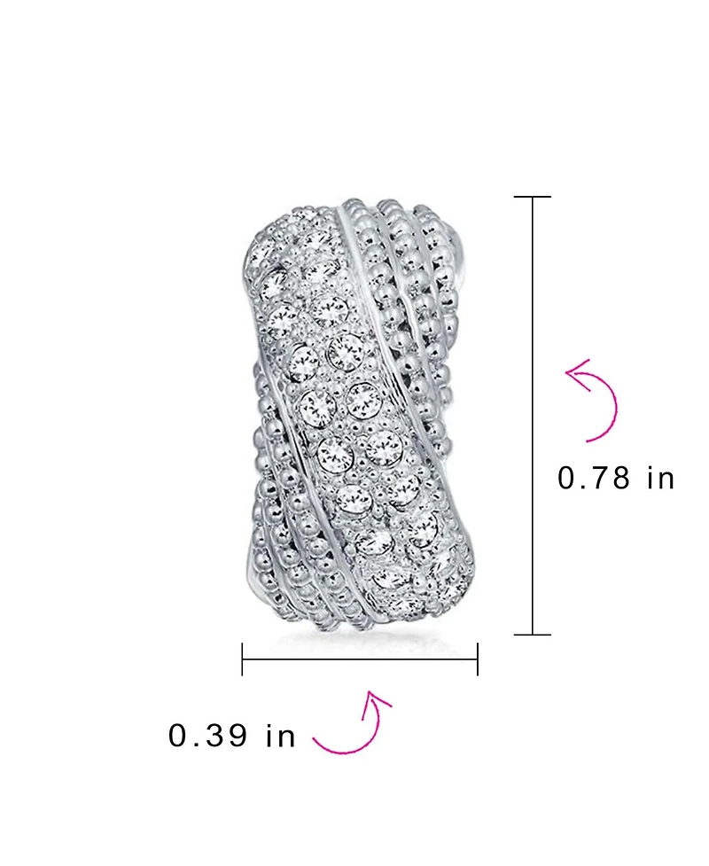 Bling Jewelry Criss Cross Twisted Pave Dome Hoop Clip On Earrings Silver Plated