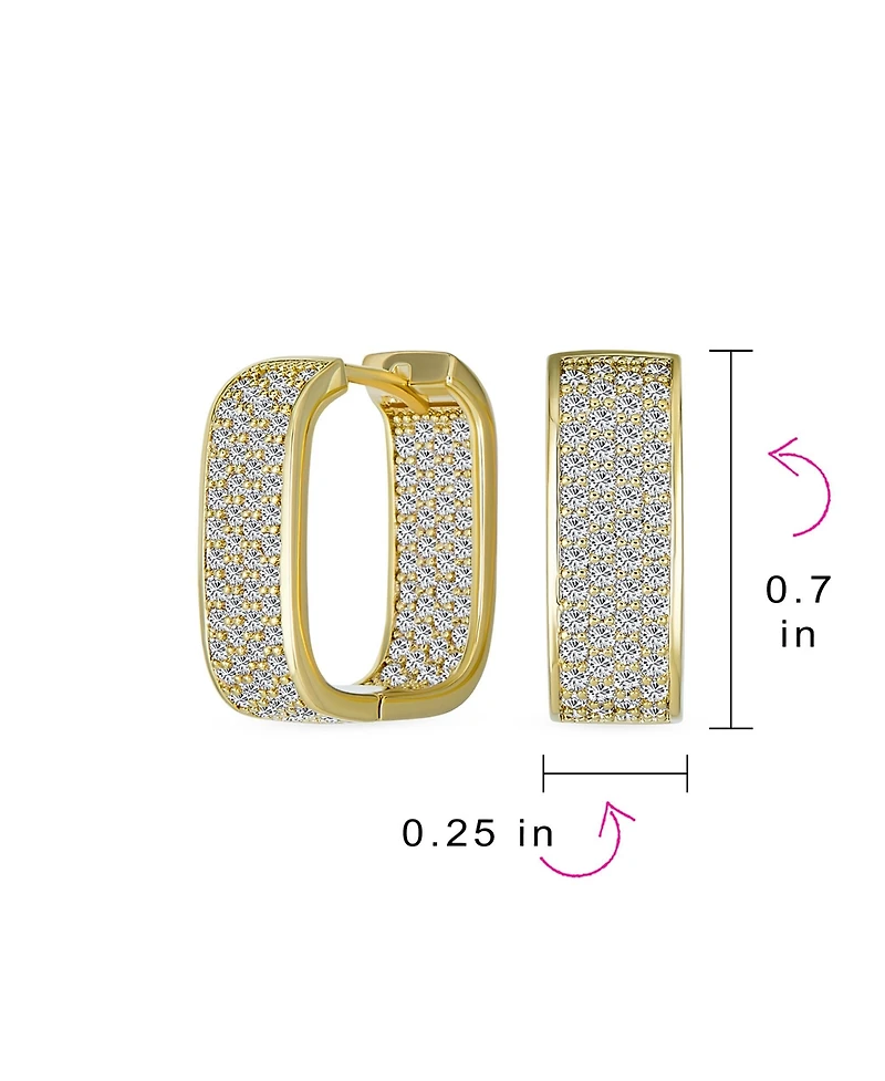 Bling Jewelry Micro Pave Cz Inside Out Wide Rectangle Square Huggie Hoop Earrings Prom Formal Party Yellow Gold Plated Hinge Style