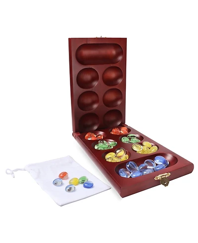 Gse Games & Sports Expert Folding Wooden Mancala Board Game with Glass Stone and Storage Bag