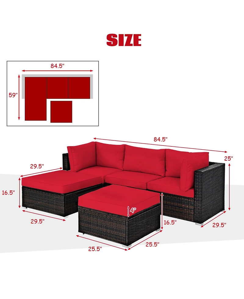 Gymax 5PCS Rattan Patio Conversation Set Outdoor Furniture Set w/ Ottoman Cushion