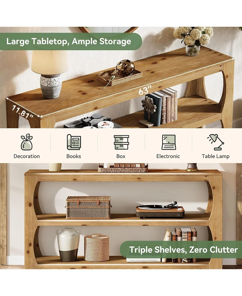 Tribesigns Solid Wood Console Table with 3-Tier Storage, 63" Long Farmhouse Narrow Entryway Table