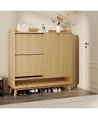 gaomon Fluted Shoe Cabinet Storage with 2 Flip Drawers and Sliding Door and Adjustable Shelf Rack Freestanding Wood Narrow Hidden Shoe Organizer