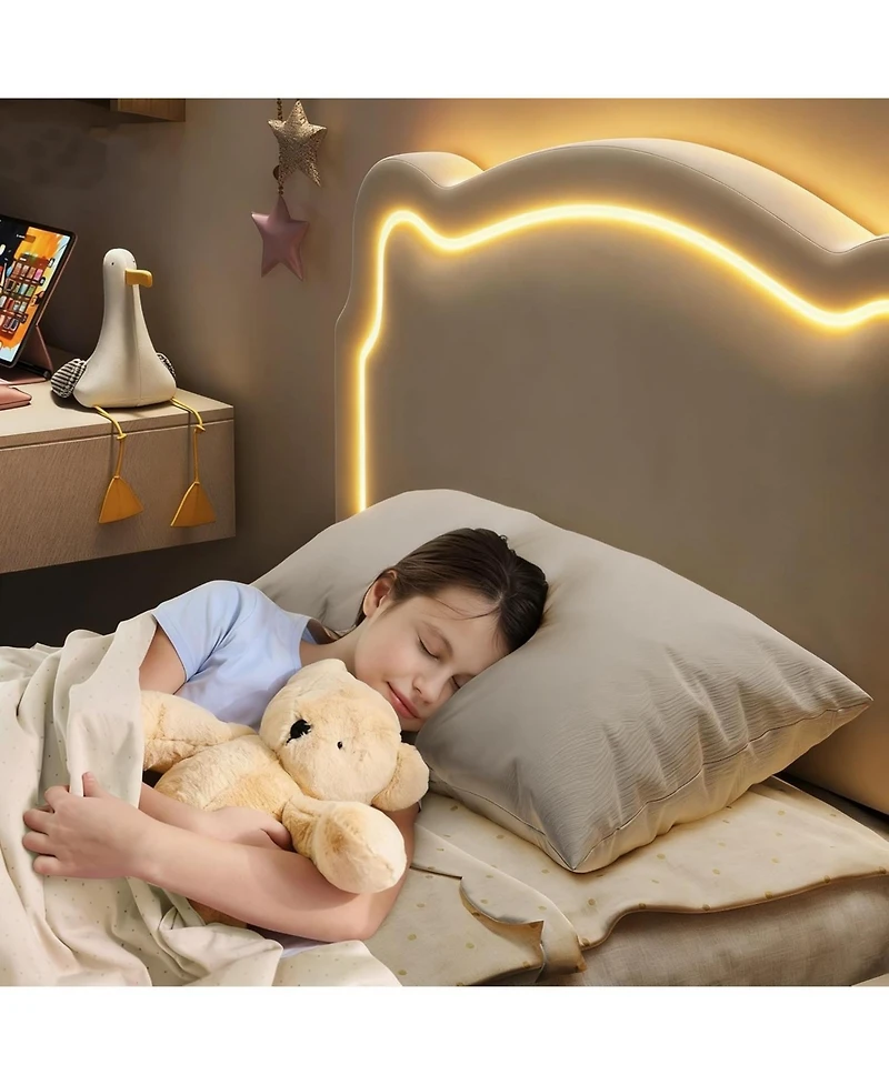 gaomon Twin Upholstered Bed Frame with Smart Led and Adjustable Bear Headboard, Velvet Princess Platform Bed, Wooden Slats Support Kids