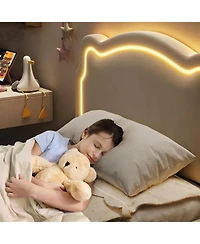 gaomon Twin Upholstered Bed Frame with Smart Led and Adjustable Bear Headboard, Velvet Princess Platform Bed, Wooden Slats Support Kids