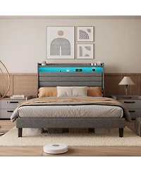 gaomon Bed Frame, Platform Bed with Upholstered Headboard and Led Lights, Modern Bed Frame with Under Bed Storage Space, Charging Station