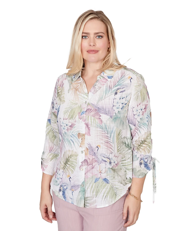 Alfred Dunner Petite Vintage-Inspired Charm Tropical Button-Front Tie-Sleeve Top