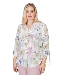 Alfred Dunner Petite Vintage-Inspired Charm Tropical Button-Front Tie-Sleeve Top