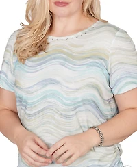 Alfred Dunner Petite Wavy Biadere Side-Tie Crew Neck Ruched Top