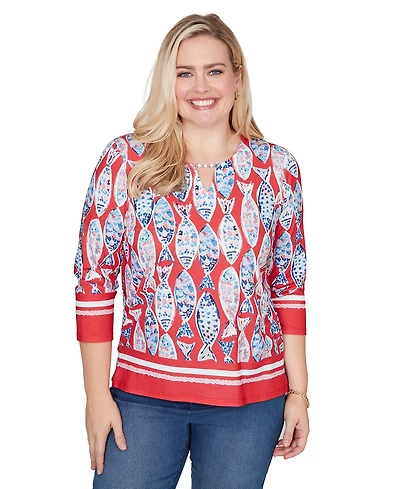 Alfred Dunner Petite Port Side Mosaic Fish Split Beaded Neck Top