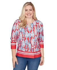 Alfred Dunner Petite Port Side Mosaic Fish Split Beaded Neck Top