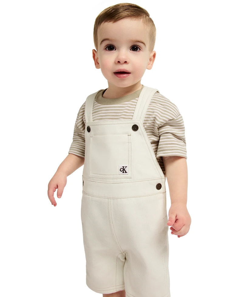 Calvin Klein Baby Boys' Striped Top and Natural Denim Shortalls, 2-Piece Set
