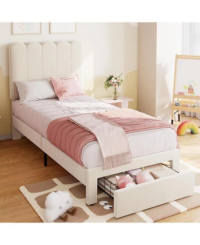 gaomon Bed Frame with Under-Bed Drawer, Upholstered Platform Bed with Wave Headboard for Kids/Girls, Wooden Slats Support, No Box Spring Needed