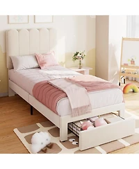 gaomon Bed Frame with Under-Bed Drawer, Upholstered Platform Bed with Wave Headboard for Kids/Girls, Wooden Slats Support, No Box Spring Needed