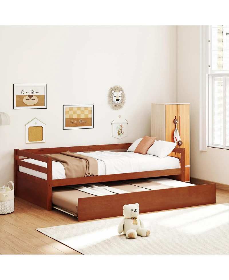 Costway Twin Size Trundle Daybed Wooden Slat Support Mattress Platform for Kids